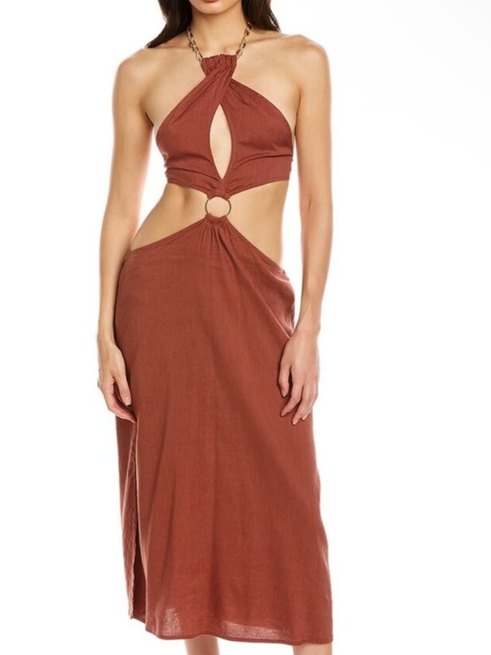 WeWoreWhat Gold Cowrie Shell Chain Halter Midi Dress in Cappuccino Rust NEW L - Picture 4 of 6